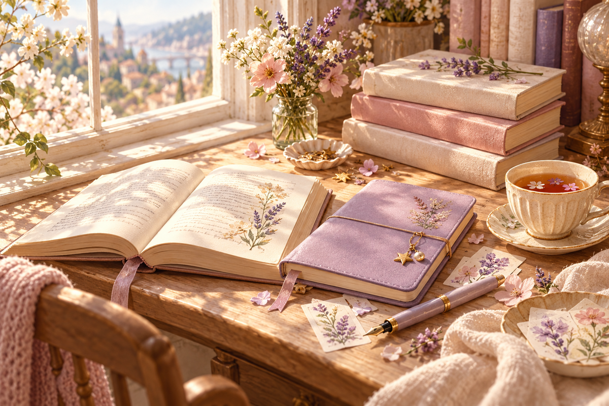 Editorial illustration of a cosy reading desk with books, a lavender journal and a star charm