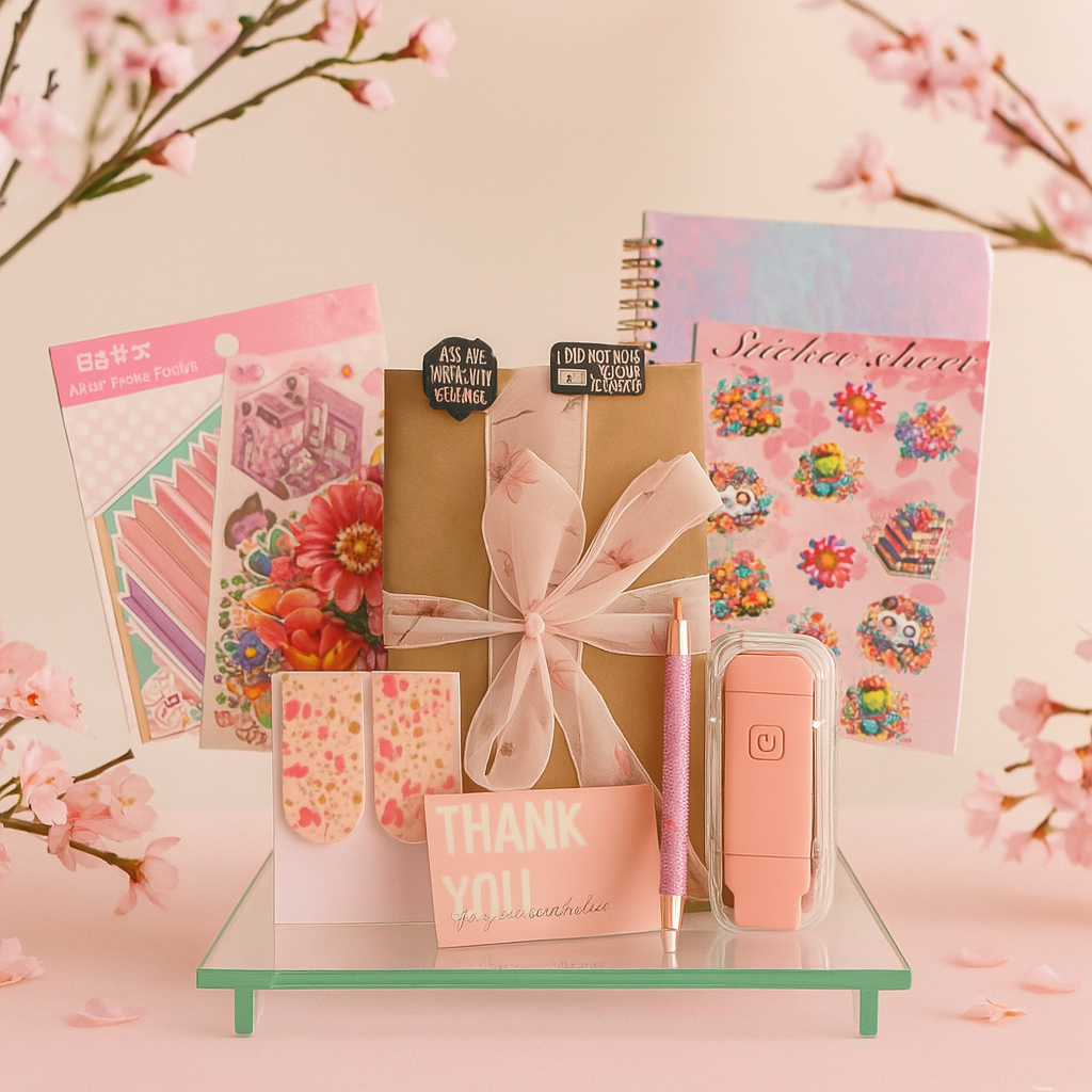 ivLivStar stationery gift set with bookmarks, notebook, stickers and wrapped items in a pastel pink box