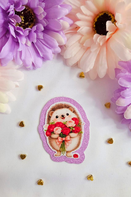 Rose Bouquet Hedgehog Glitter Sticker