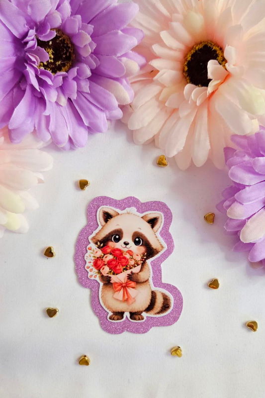 Rose Bouquet Raccoon Glitter Sticker