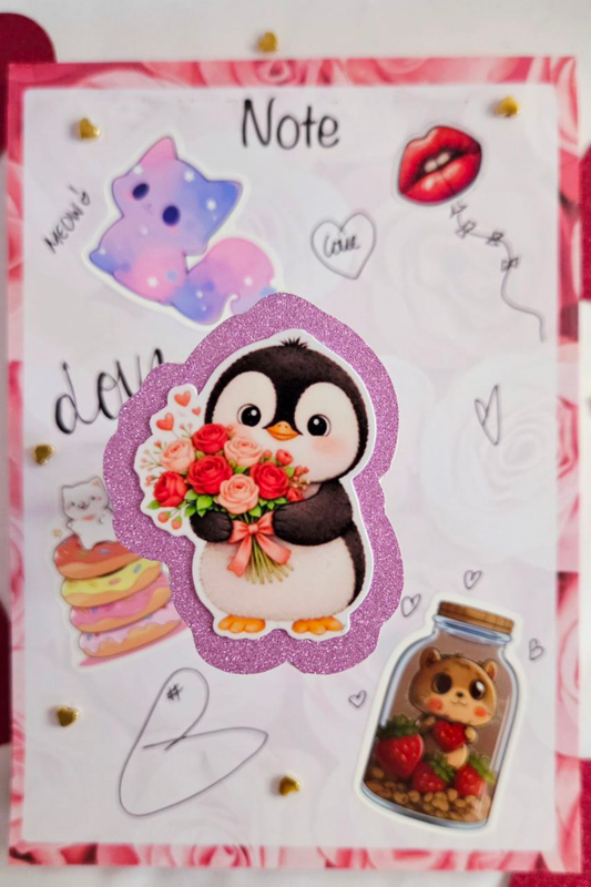 Penguin Rose Bouquet Glitter Sticker