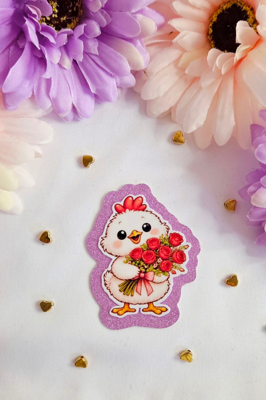 Chick with Rose Bouquet Glitter Sticker