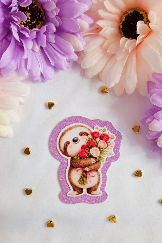 Sloth Rose Bouquet Glitter Sticker
