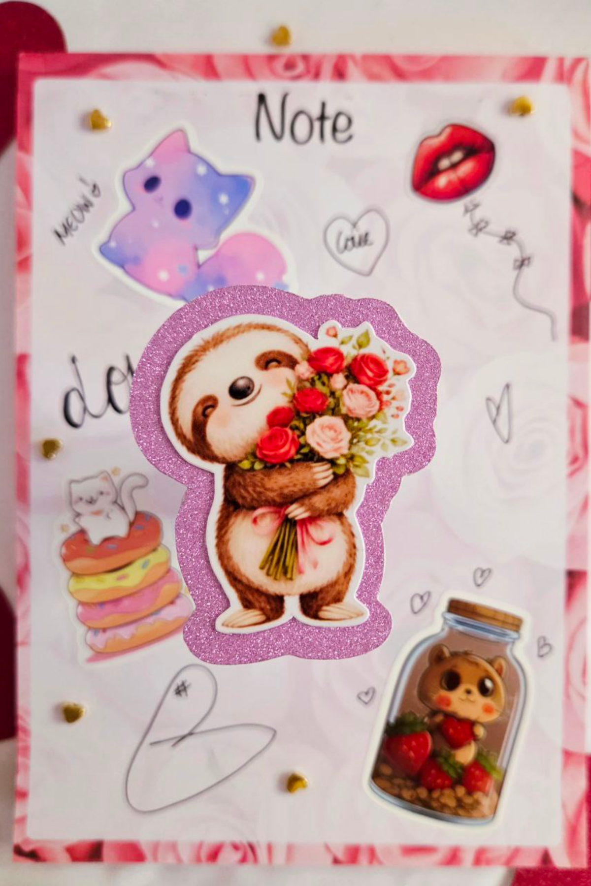 Sloth Rose Bouquet Glitter Sticker