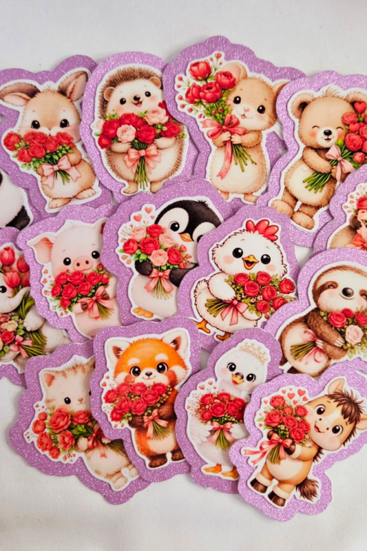 Valentine Rose Animal Glitter Sticker Pack (15 Stickers)