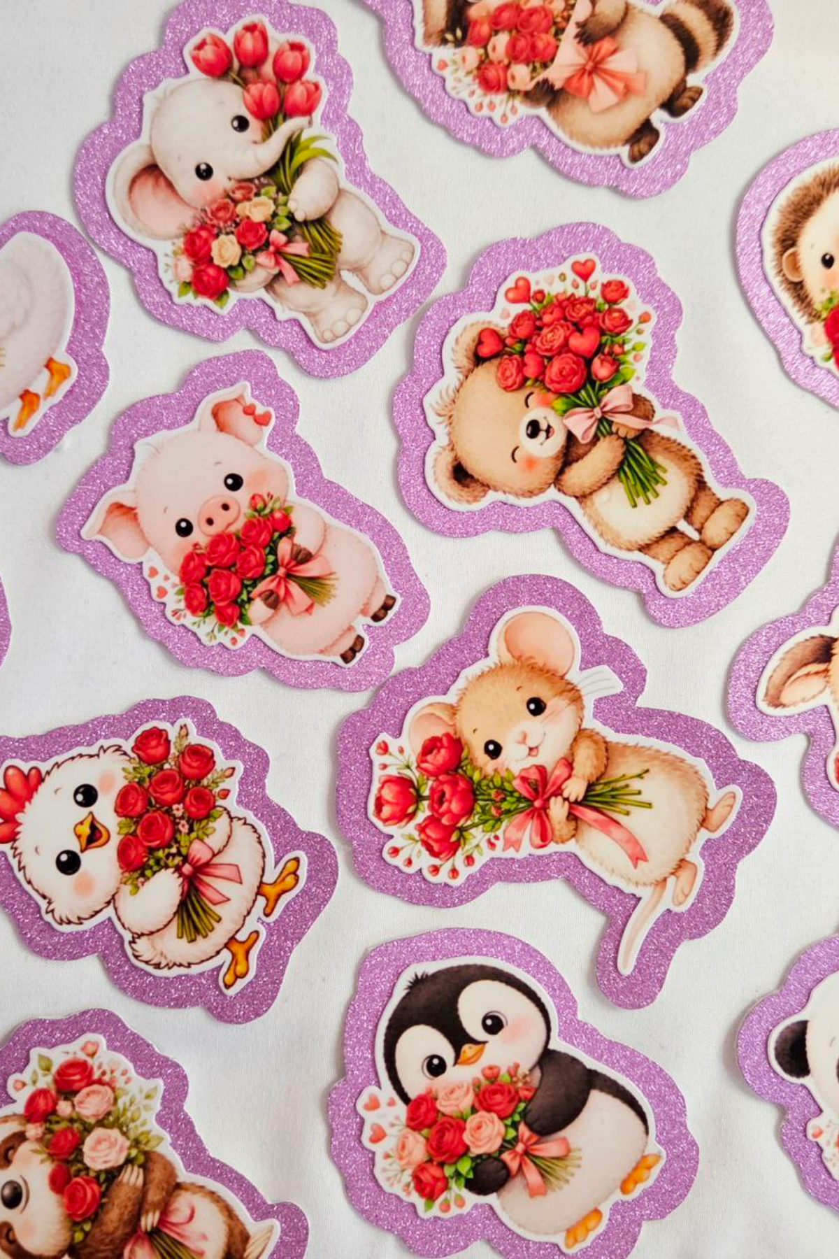 Valentine Rose Animal Glitter Sticker Pack (15 Stickers)