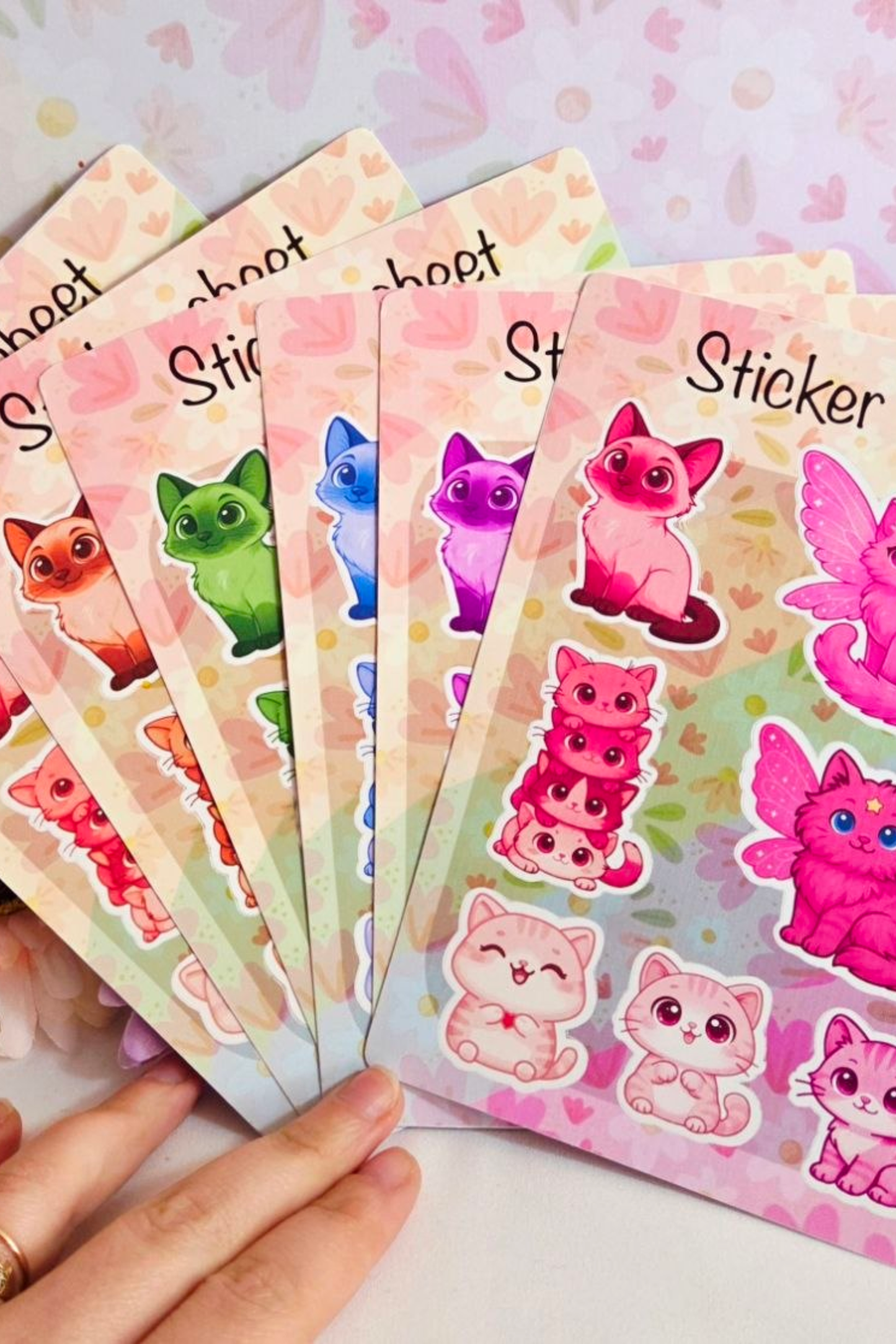 Rainbow Cats Sticker Sheet Set 6 Cat Sticker Sheets + 1 Free Paw Sticker Sheet