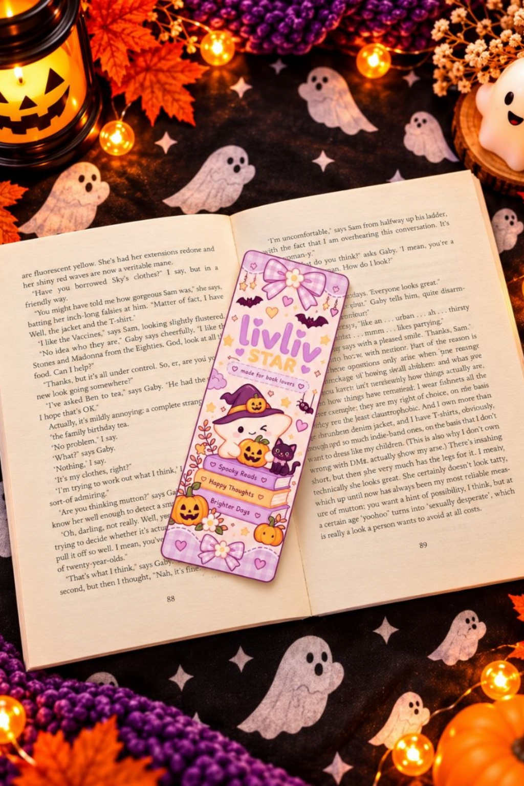 LivLivStar Halloween bookmark shown inside an open book