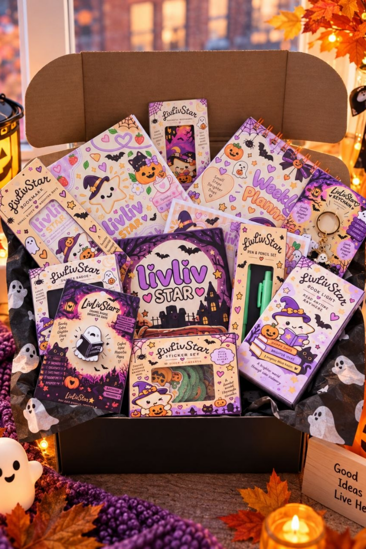 LivLivStar Halloween gift box filled with stationery and reading accessories
