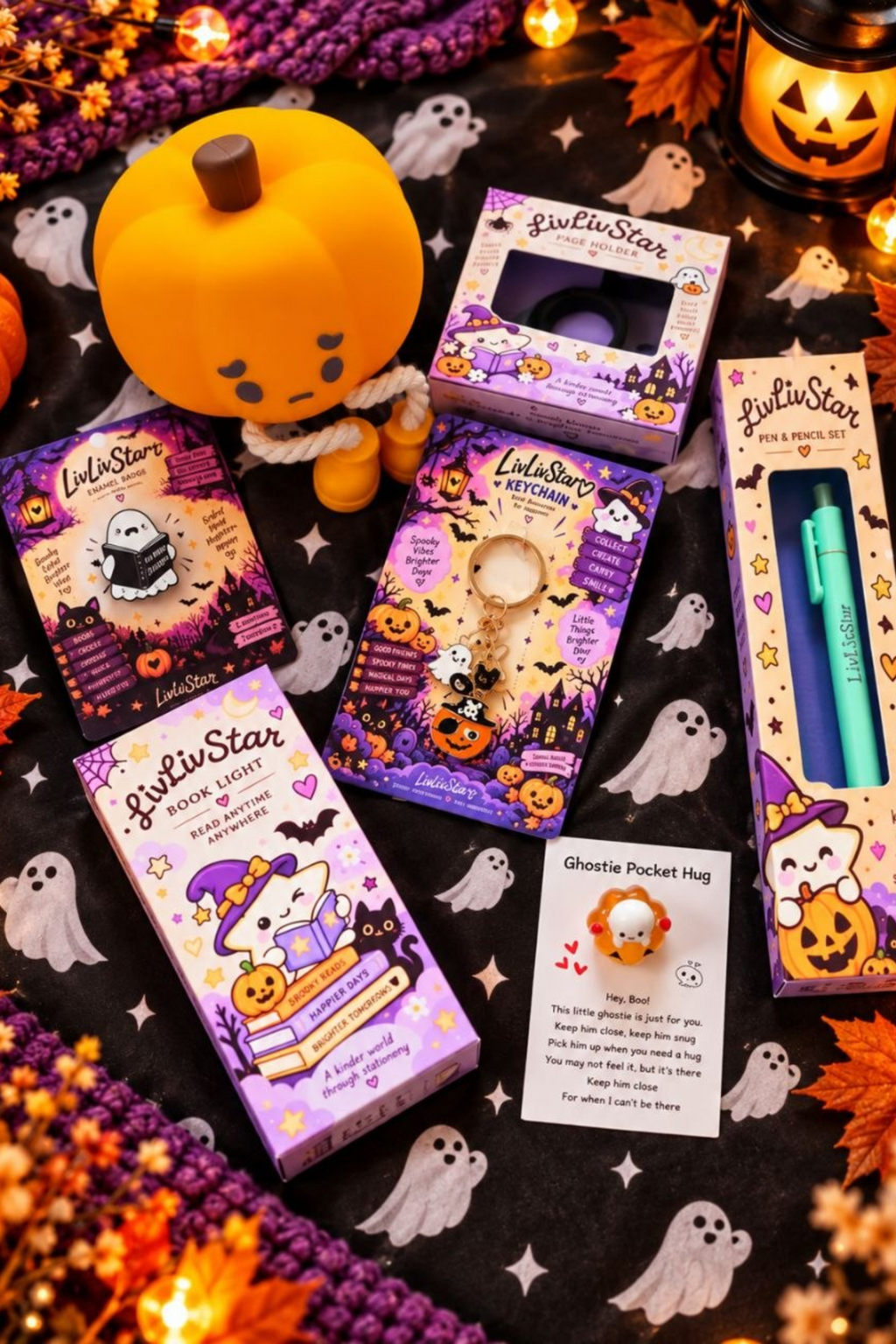LivLivStar Halloween accessories set with keyring book light page holder pen set and pocket hug